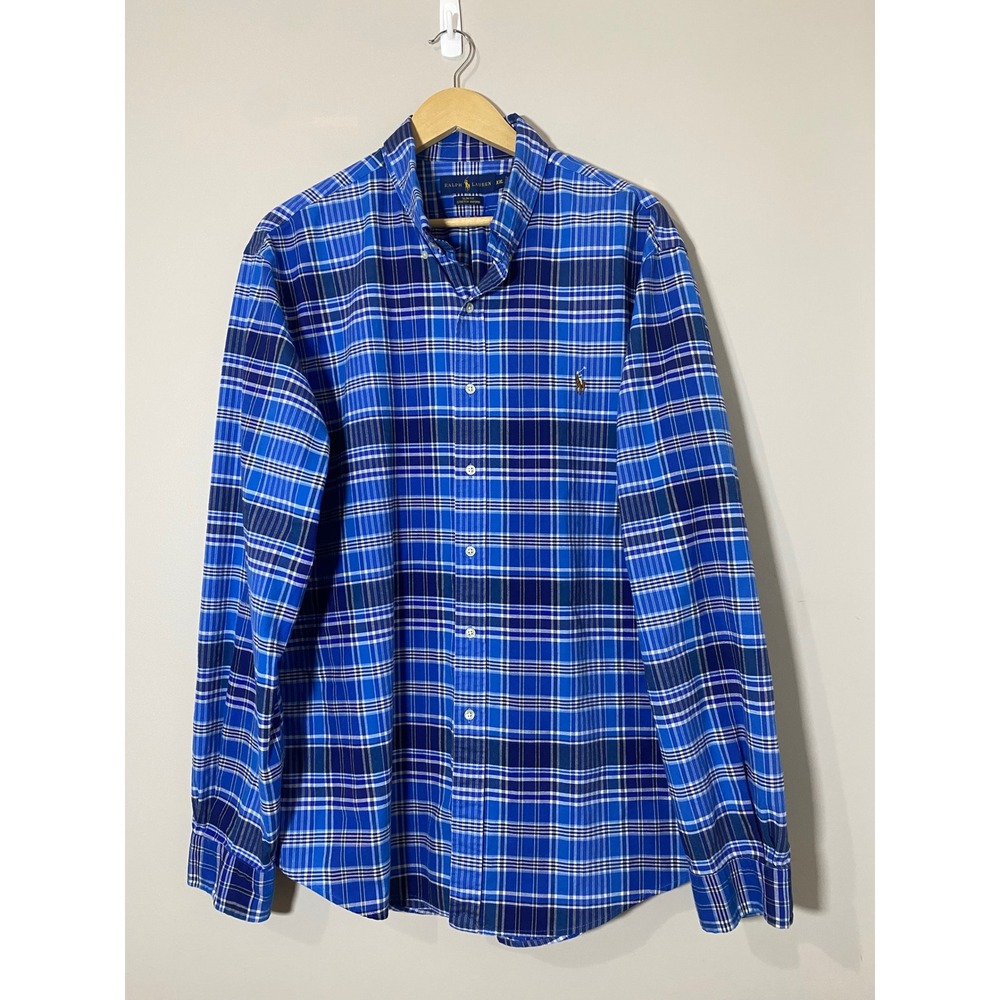 Ralph Lauren EUC Slim Fit Stretch Oxford Button Up Mens XXL Blue Plaid Shirt‎